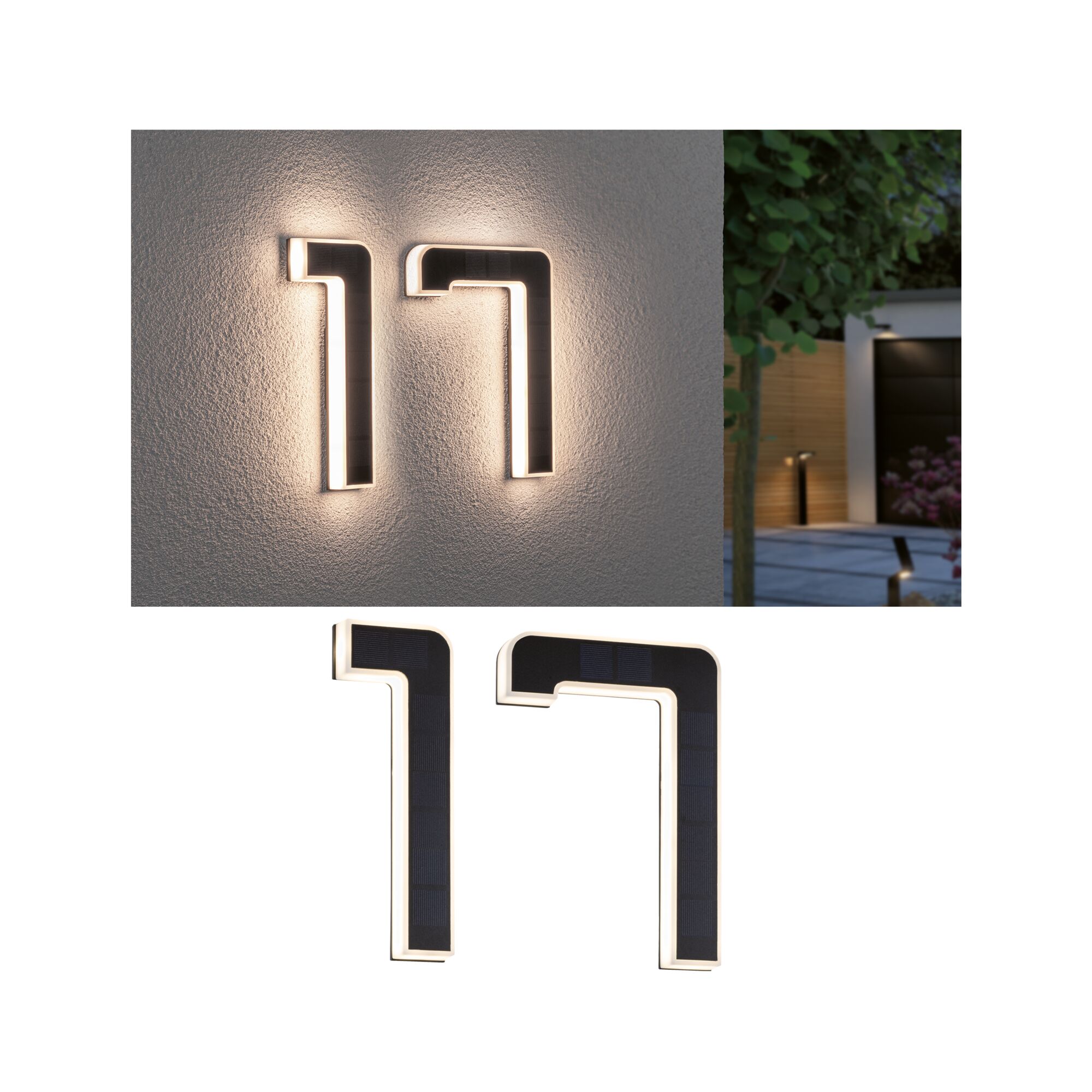 Set Solar LED-huisnummerverlichting incl. verwisselbare accu 3000K 2x6lm 2x0,2W Zwart Moderne zwarte huisnummer 17 met geïntegreerde LED-verlichting op witte buitenmuur voor buitengebruik