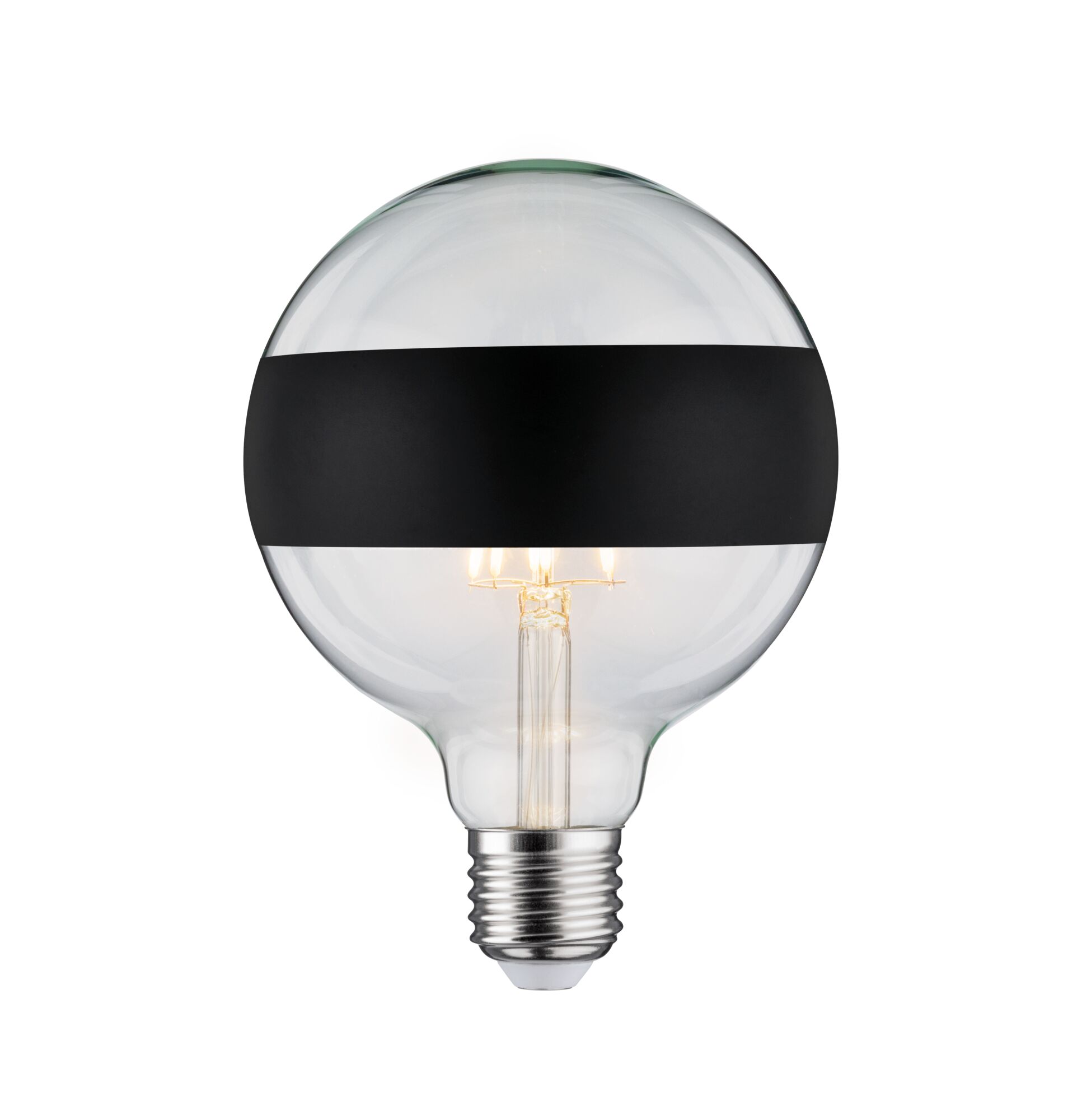 Modern Classic Edition Standard 230V LED Globe Lusterko pierścieniowe E27 640lm 6,5W 2700K ściemnialny Zwierciadło pierścieniowe czarny matowy Clear glass LED filament bulb with black band, energy-saving light bulb for modern lighting