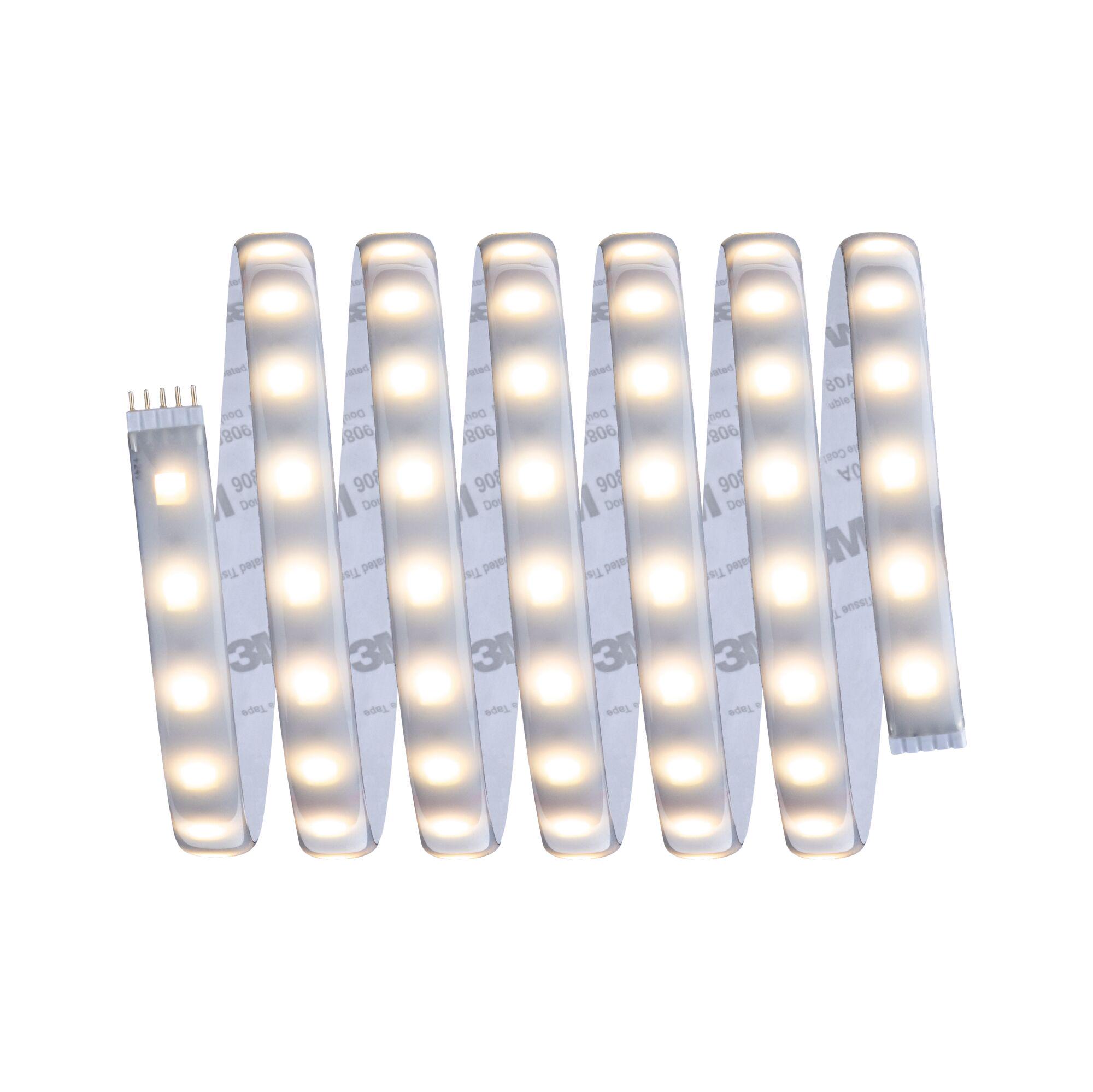 Flexibler LED-Lichtstreifen mit warmweißem Licht und selbstklebender Rückseite für vielseitige Beleuchtung.