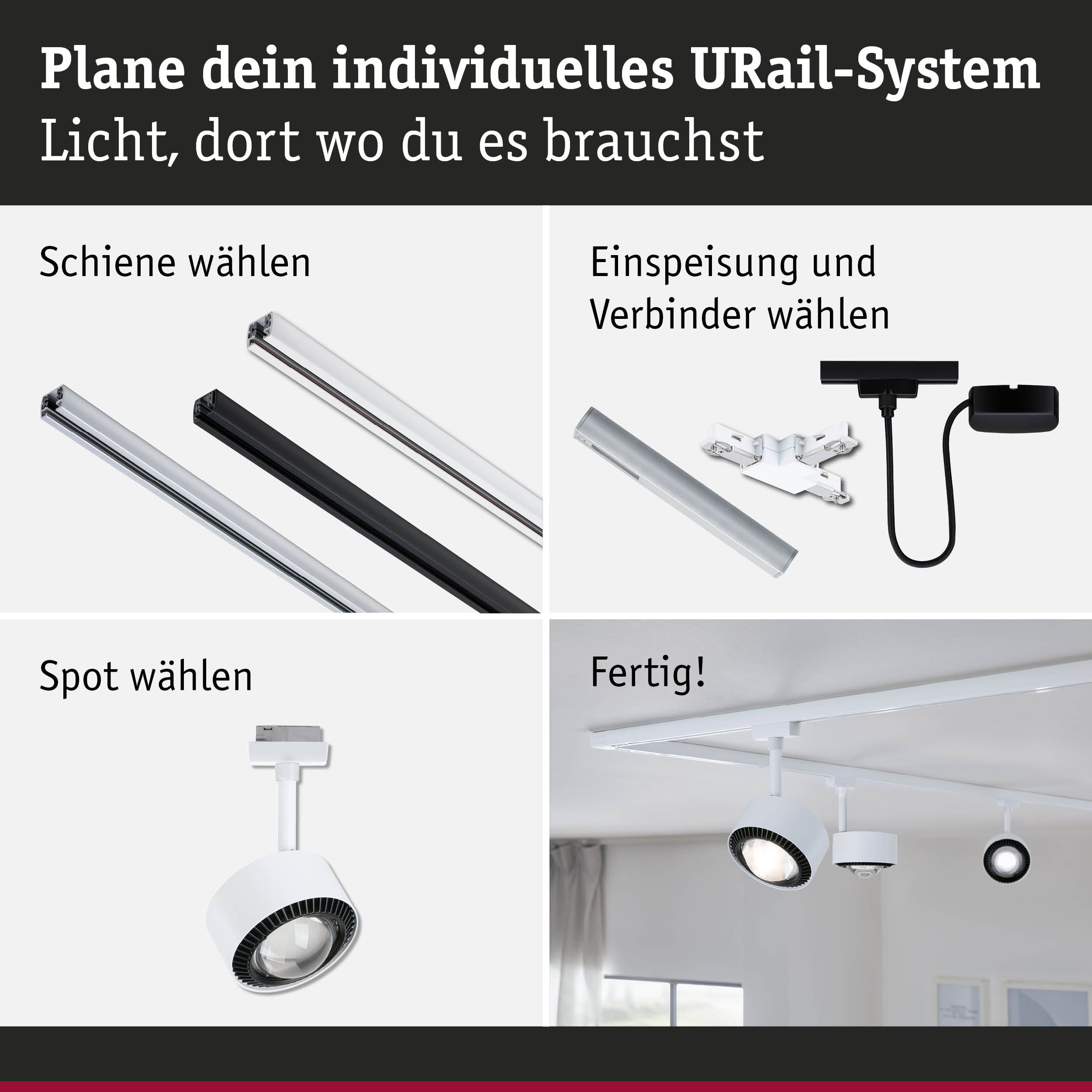 Modulares URail-Schienensystem mit weißen und schwarzen Schienen, Steckern und weißen Spots für flexible LED-Beleuchtung