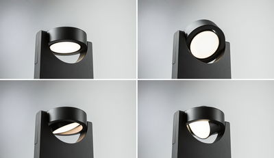 Vier aanzichten van een zwarte aluminium buitenspot met verstelbaar warm wit LED-licht.