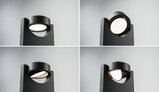 Four views of a black aluminum outdoor spotlight with adjustable warm white LED light.