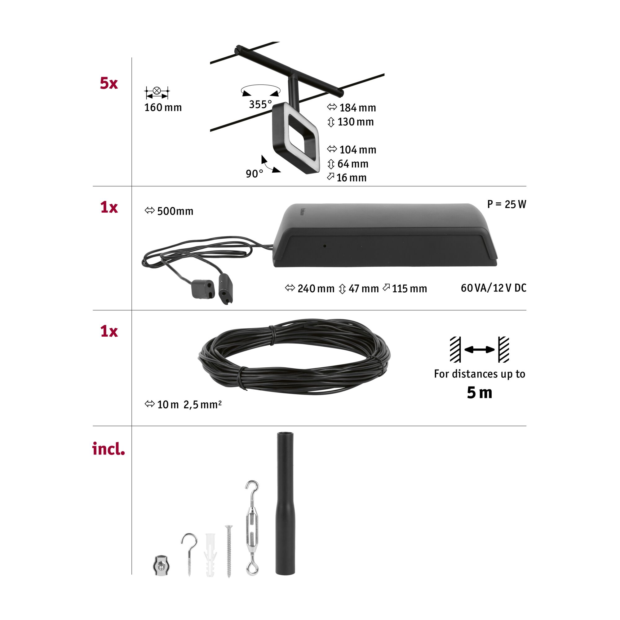 Technische Zeichnung von schwarzem LED-Seilsystem mit Netzteil, Kabel und Montagematerial für Beleuchtung.