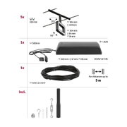 Technische Zeichnung von schwarzem LED-Seilsystem mit Netzteil, Kabel und Montagematerial für Beleuchtung.
