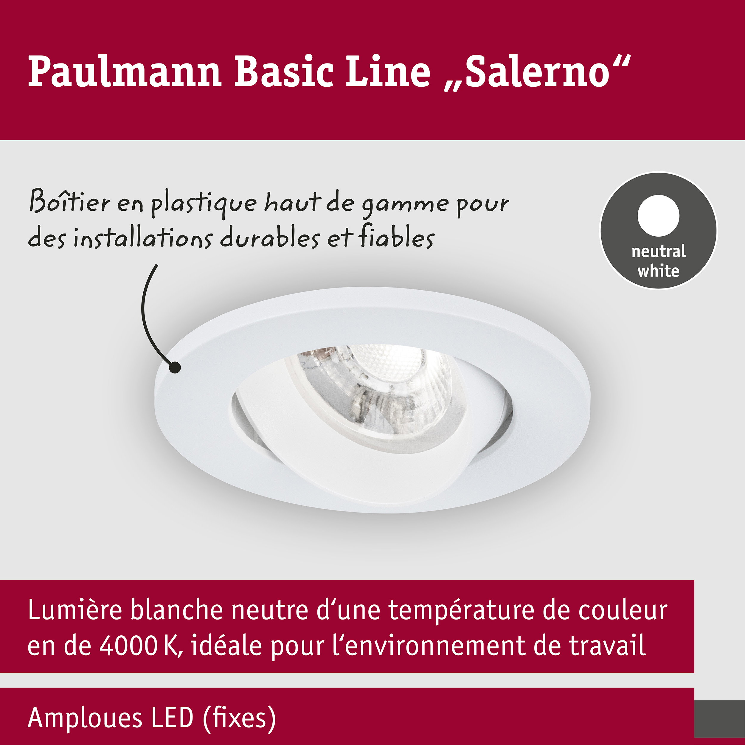 Spot encastré LED Salerno 4000K 67mm 3x204lm 3x2,9W Blanc dépoli