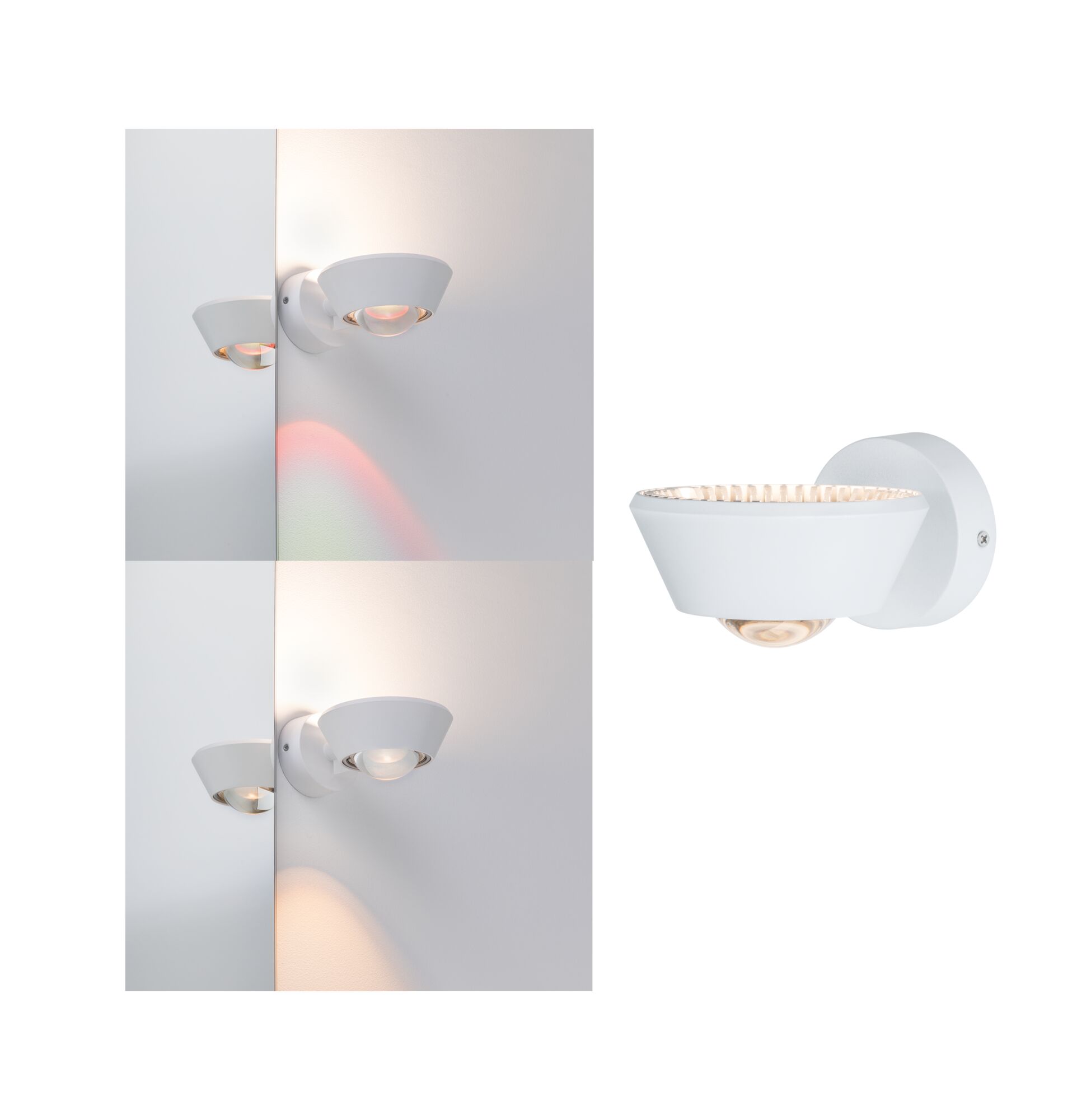 Moderne witte metalen wandspot met LED-licht en reflecterende lens voor accentverlichting binnenshuis