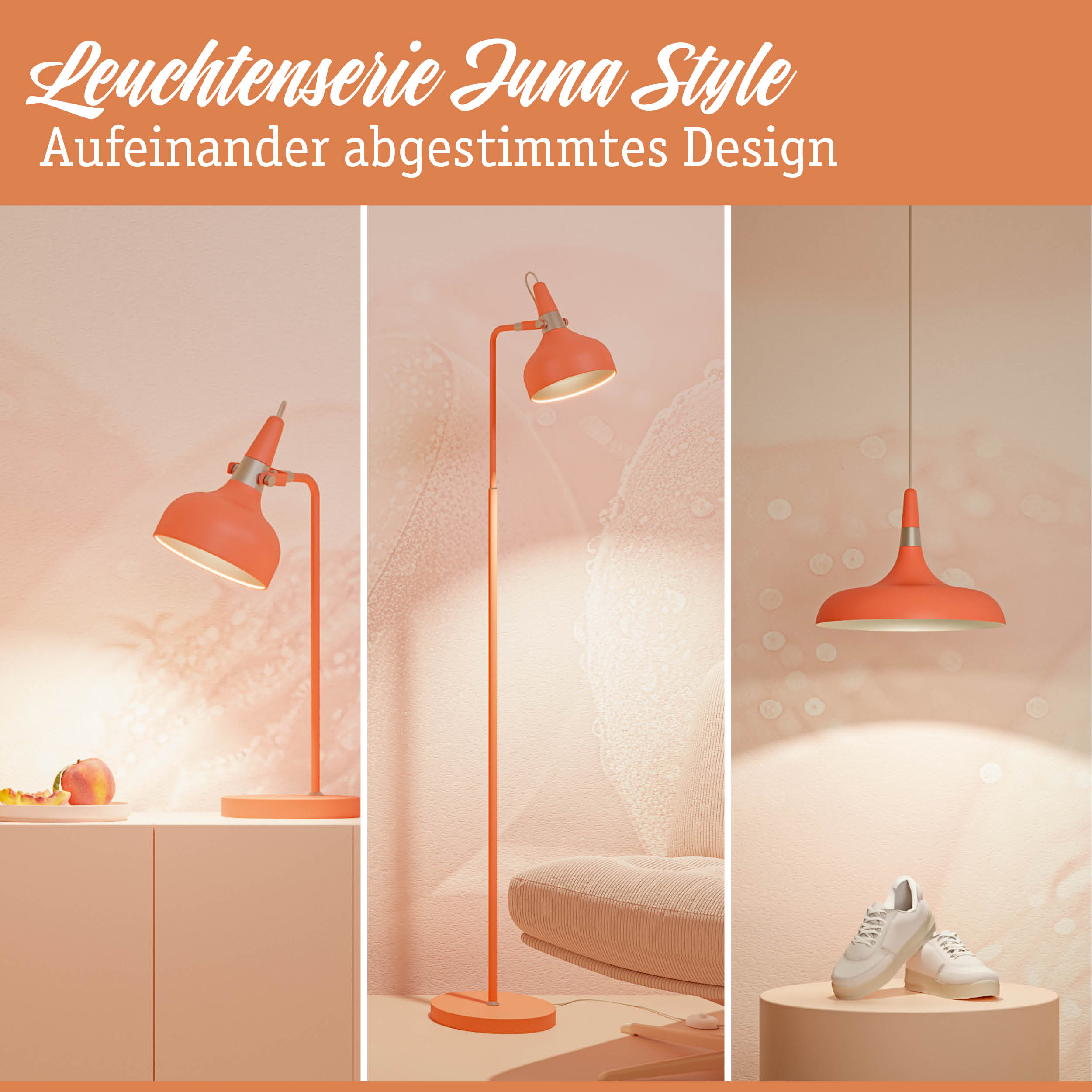 Juna Style Leuchtenserie in Orange mit abgestimmtem Design aus Tisch-, Steh- und Pendelleuchte