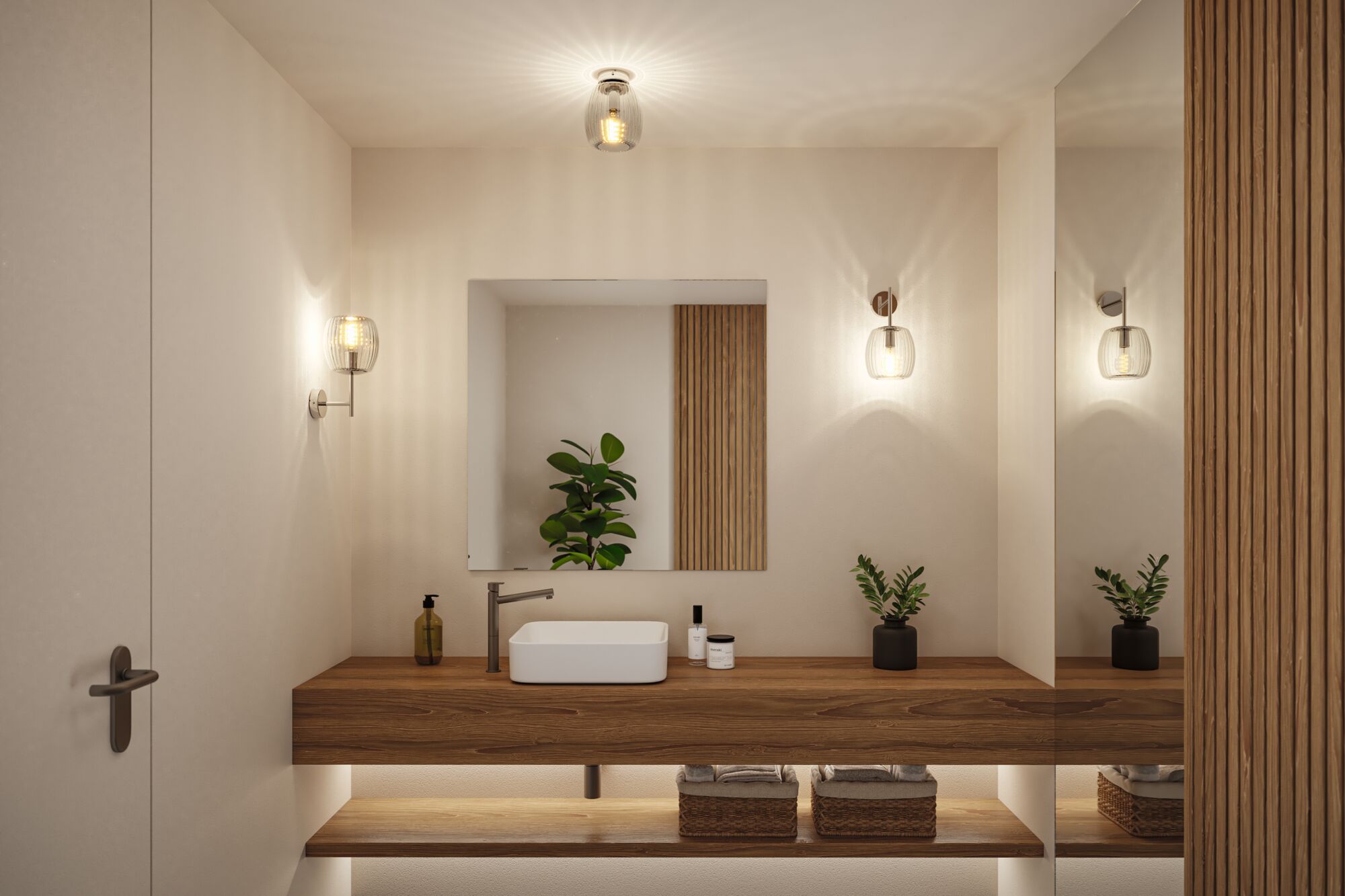 Salle de bain moderne avec meuble en bois, vasque blanche et appliques murales en verre blanc chaud.