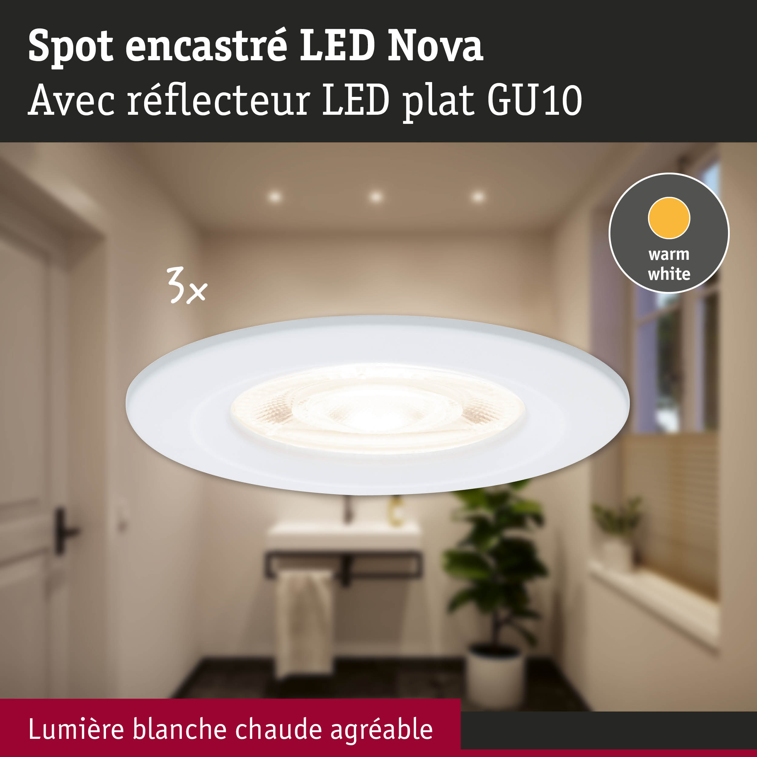 Spot encastré LED Nova avec réflecteur plat GU10 blanc pour lumière blanc chaud