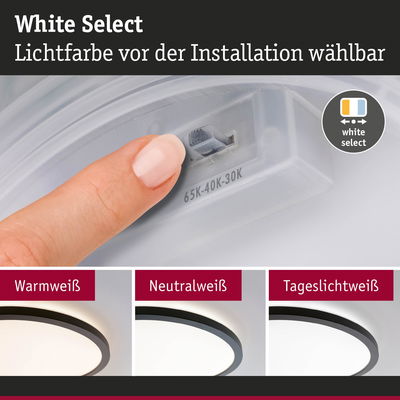 Finger stellt Lichtfarbe bei LED-Deckenleuchte ein mit wählbaren Weißtönen Warmweiß, Neutralweiß, Tageslichtweiß