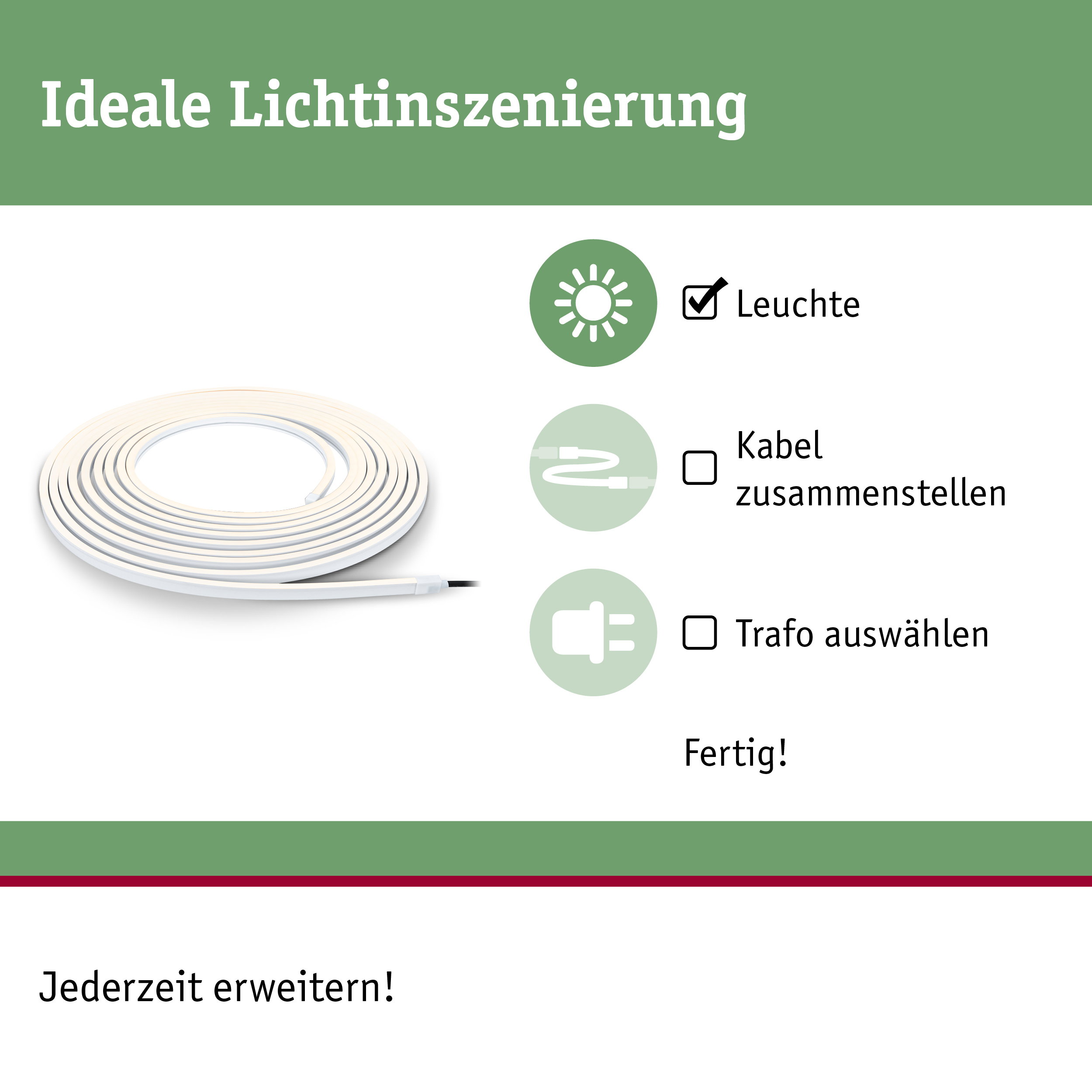 Flexibler LED-Lichtstreifen in Weiß für einfache Lichtinszenierung ohne Kabel und Trafo.