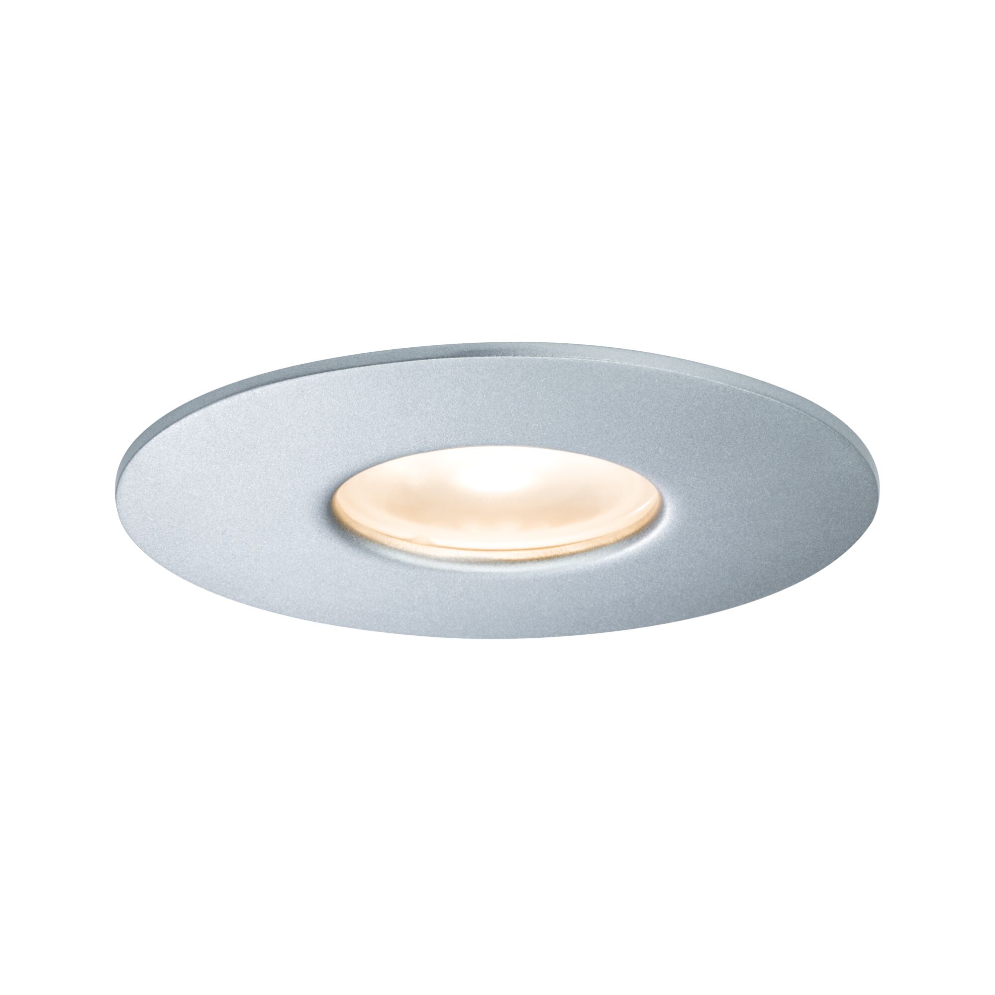 Ronde LED-inbouwspot van mat zilver aluminium met warm wit licht voor woonruimtes