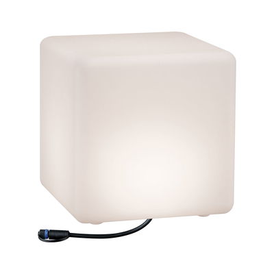Cube-shaped white plastic lamp with cable connection for modern indoor and outdoor lighting