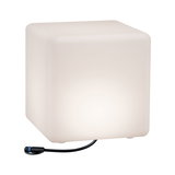White plastic LED cube with cable connection, modern outdoor lighting for garden and terrace