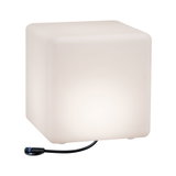 White plastic LED cube with cable connection, modern outdoor lighting for garden and terrace