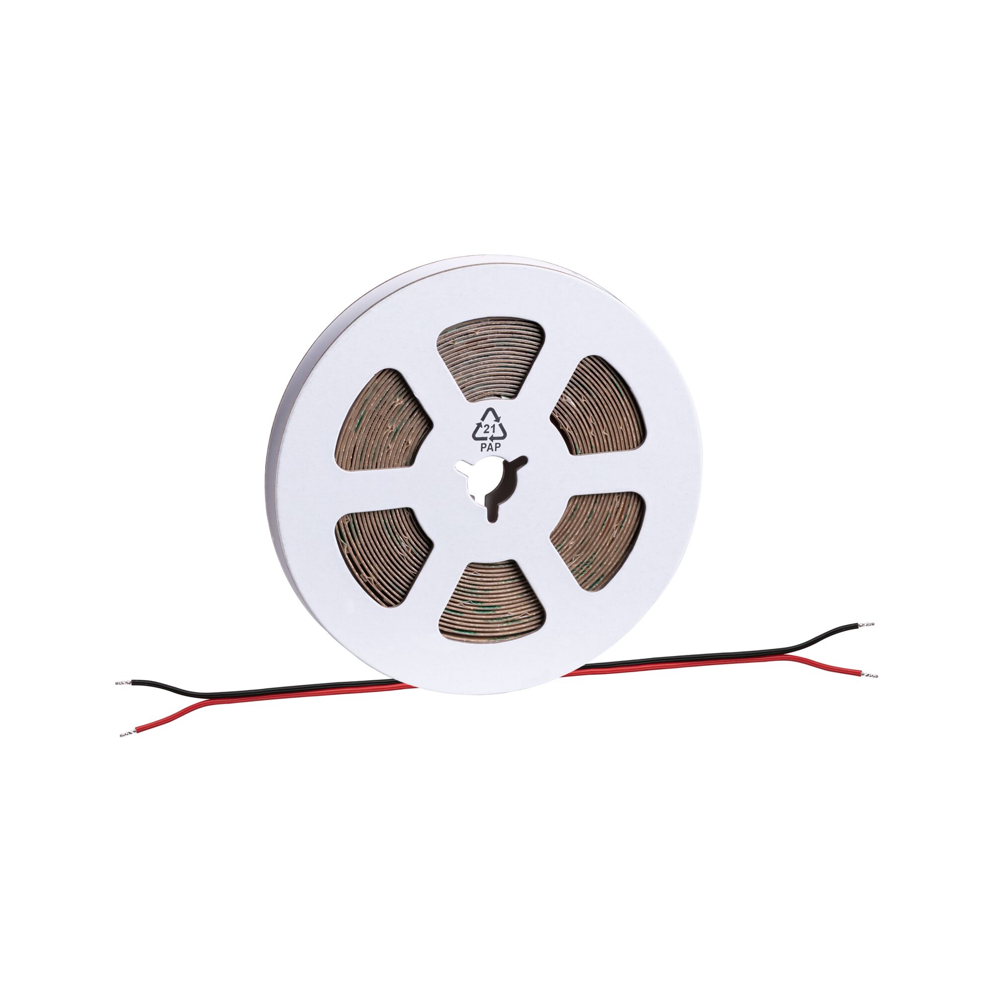 Rolle mit braunem LED-Lichtband und roten und schwarzen Anschlusskabeln für flexible Beleuchtung