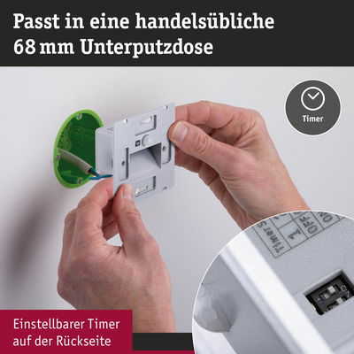 Elektrischer Timer mit einstellbarem Schalter für handelsübliche 68 mm Unterputzdose in Grau.