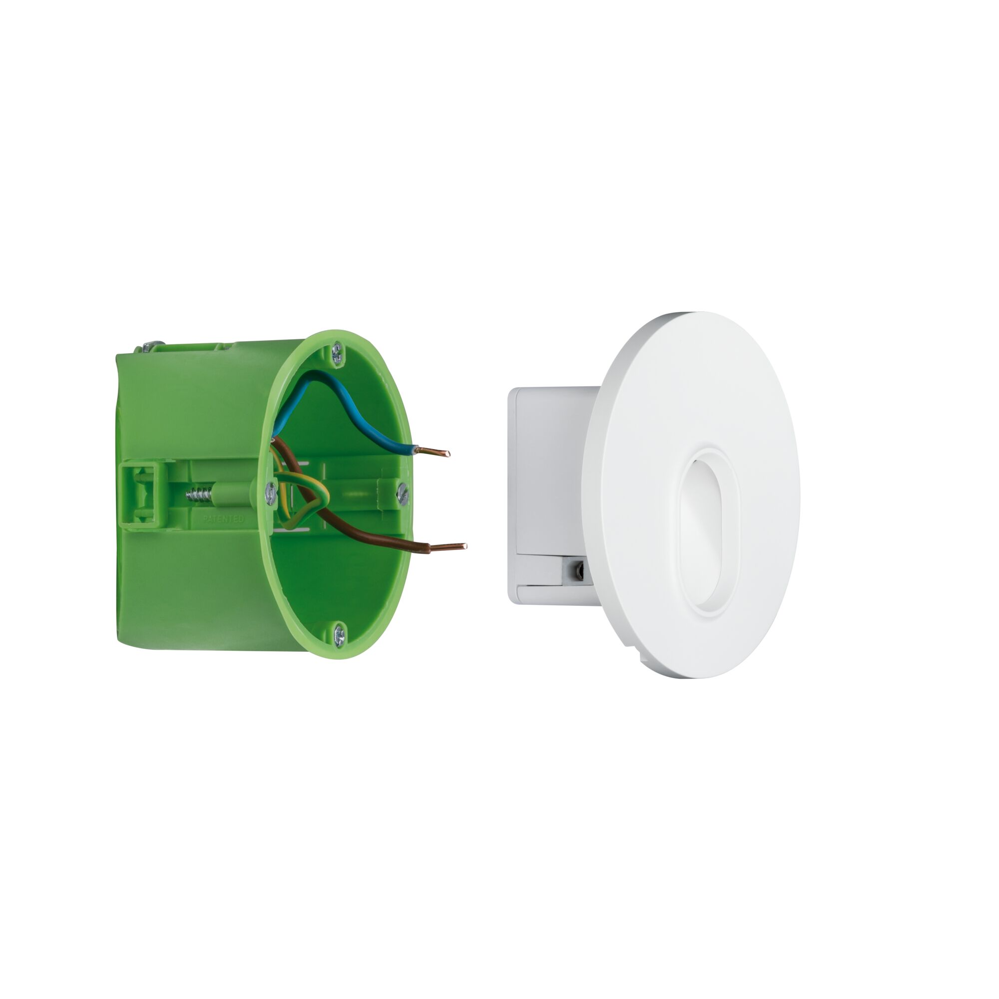 Witte ronde LED-wand inbouwlamp met groene kunststof inbouwdoos en aansluitkabels