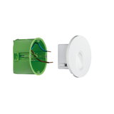 Witte ronde LED-wand inbouwlamp met groene kunststof inbouwdoos en aansluitkabels