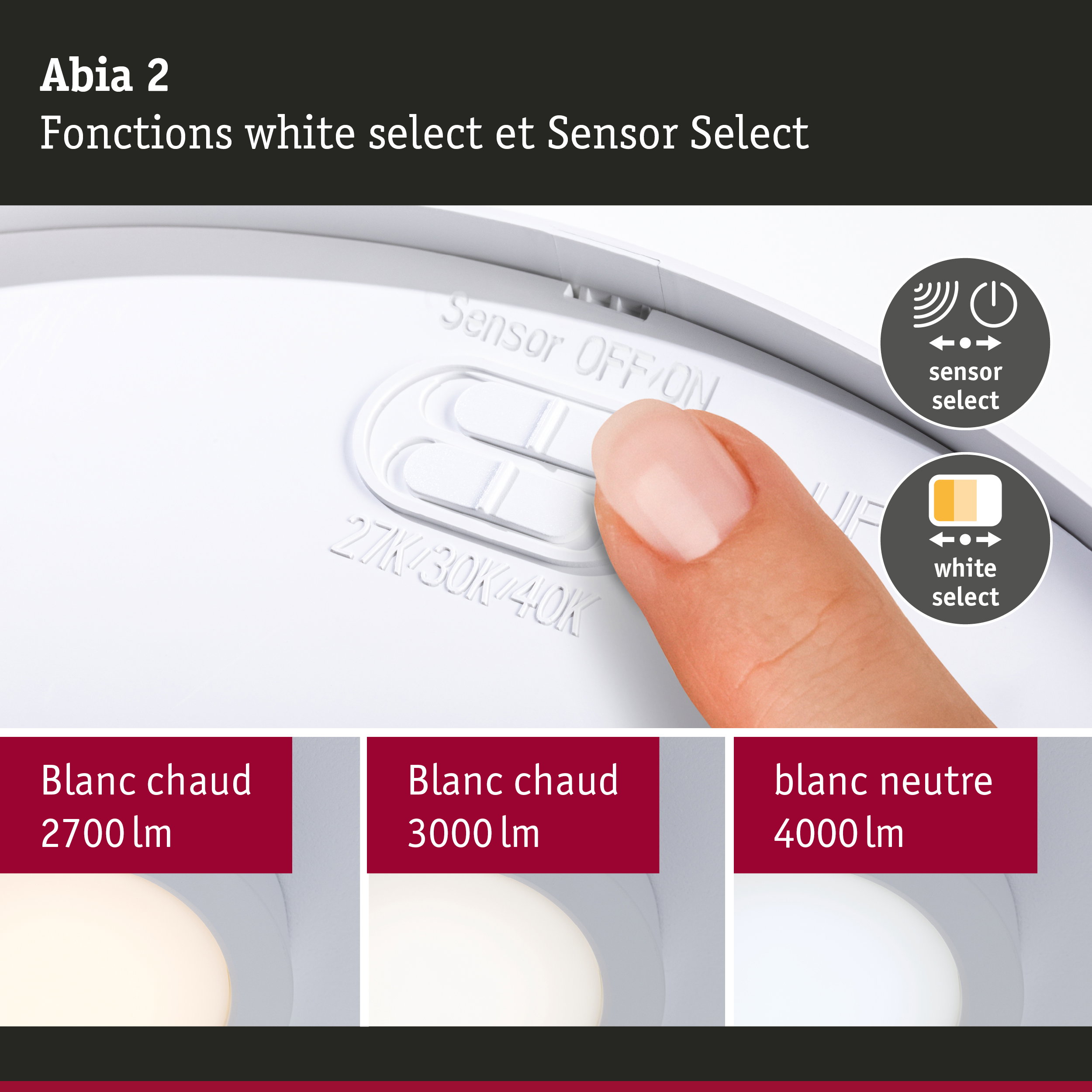Panneau LED Abia 2 White Select Détecteur de mouvement crépusculaire (HF) rond 170mm 9,5W 1100lm White Select Blanc