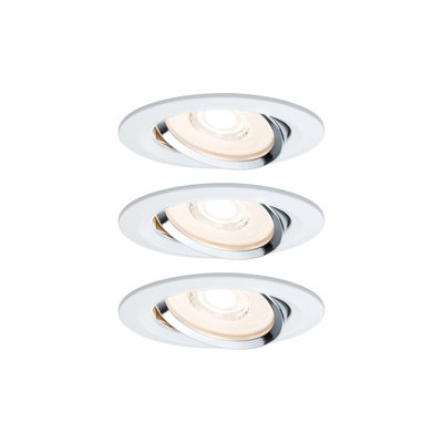 Three white recessed spotlights with adjustable chrome reflector for modern LED ceiling lighting