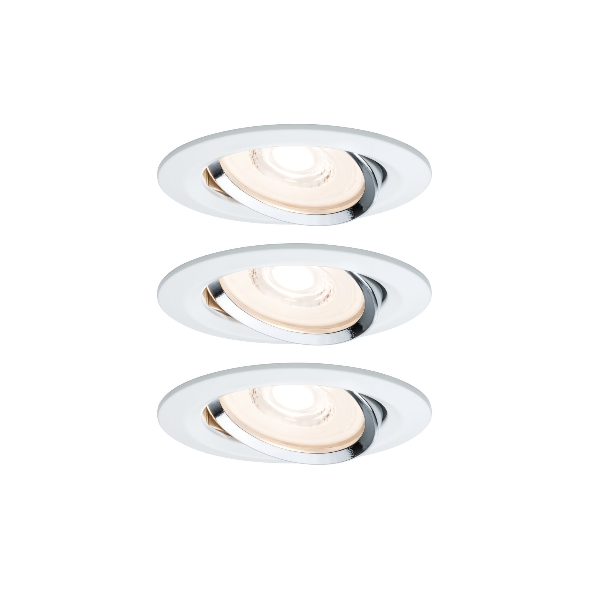 Premium LED Recessed luminaire Coin Basic Set Swivelling round 84mm 50° Coin 3x6,8W 3x463lm 230V dimmable 2700K White/Chrome Three white recessed spotlights with adjustable chrome reflector for modern LED ceiling lighting