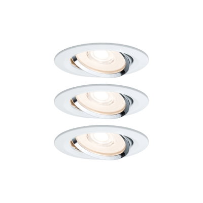 Three white recessed spotlights with adjustable chrome reflector for modern LED ceiling lighting