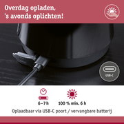 Close-up van zwart apparaat met USB-C oplaadpoort en rode laadinstructie banner