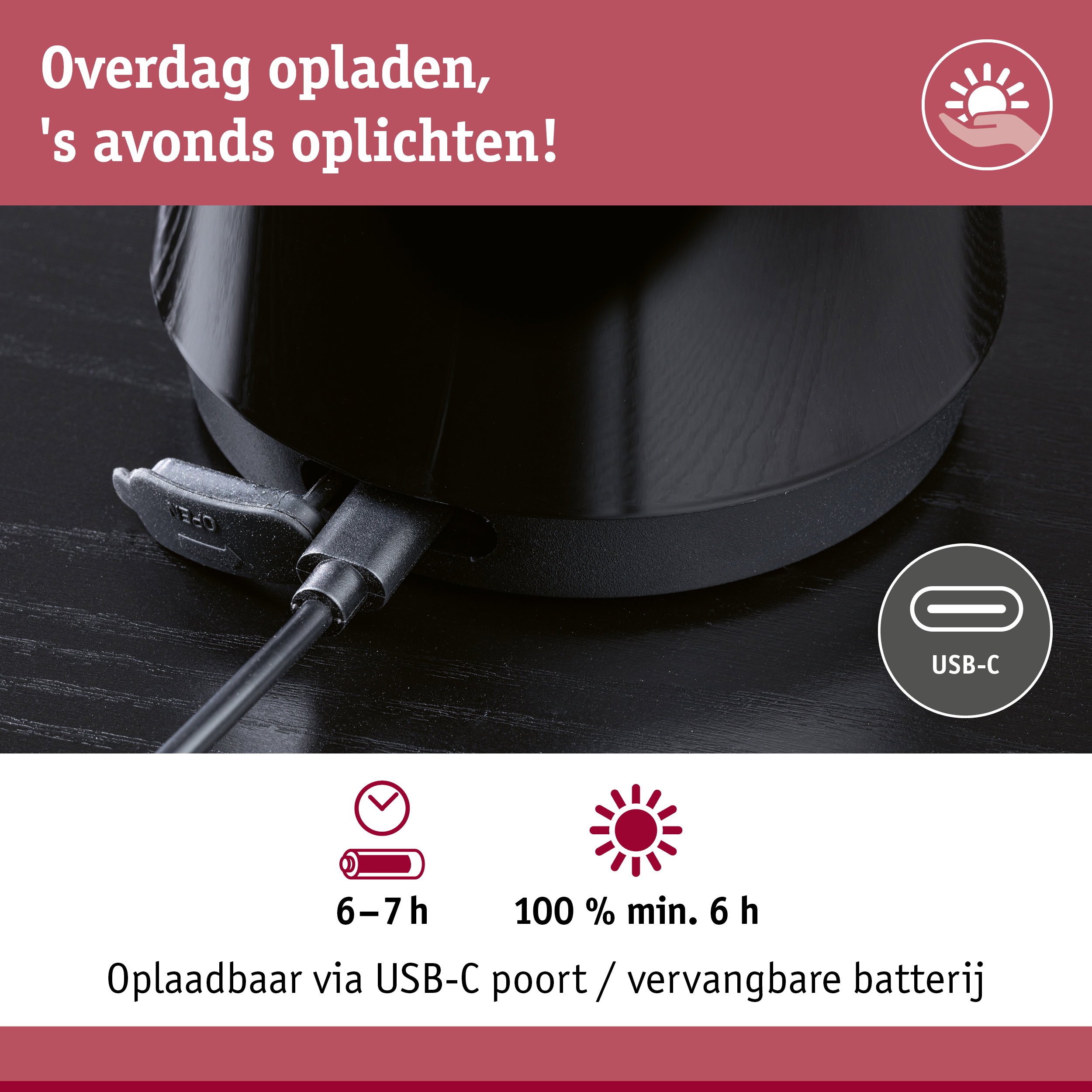 Close-up van zwart apparaat met USB-C oplaadpoort en rode laadinstructie banner