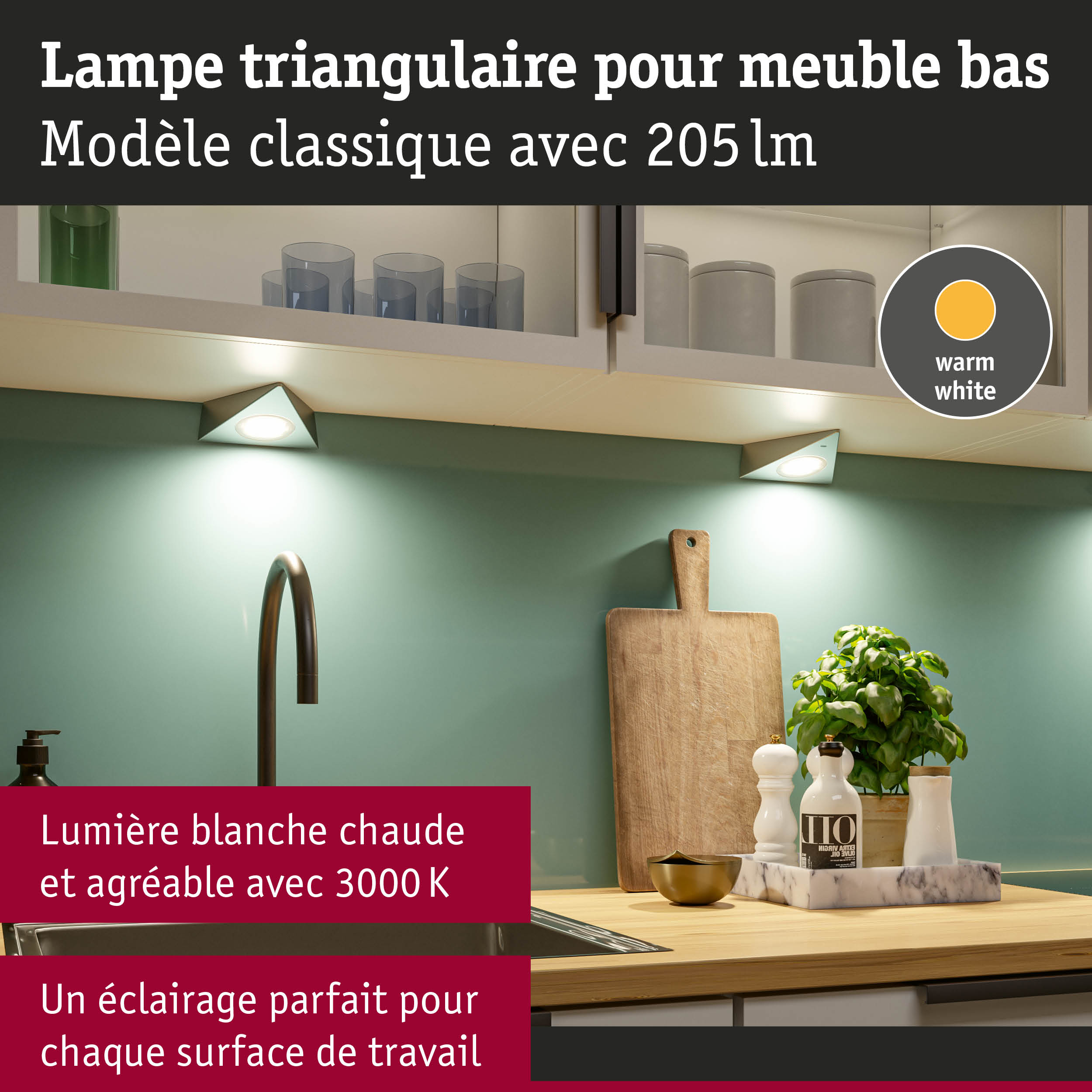 Lampe triangulaire blanche pour meuble bas avec lumière blanc chaud pour cuisine