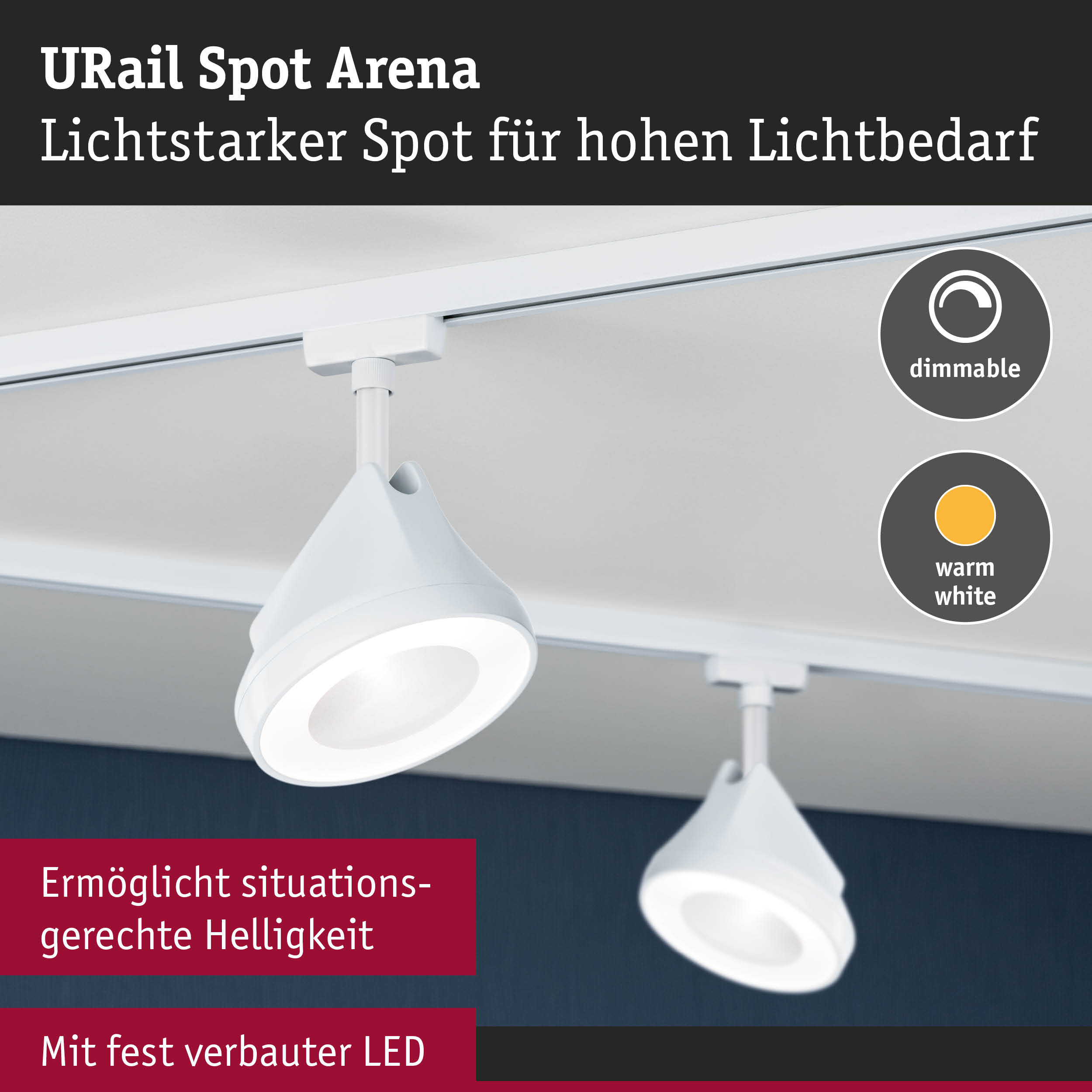 Weißer URail Spot Arena LED-Strahler mit warmweißem Licht und dimmbarer Funktion für hohen Lichtbedarf