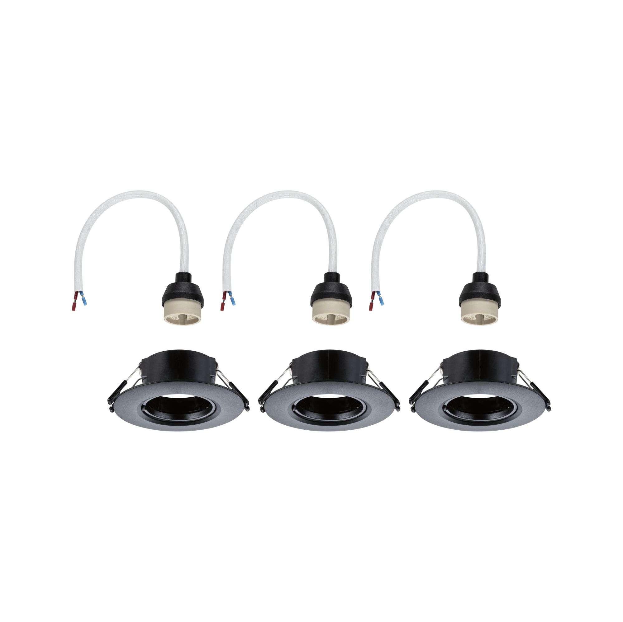 Set van drie zwarte inbouwspots met kabel en fitting voor LED-plafondmontage