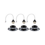 Set of three black recessed spotlights with cable and socket for LED ceiling installation
