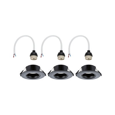 Set of three black recessed spotlights with cable and socket for LED ceiling installation