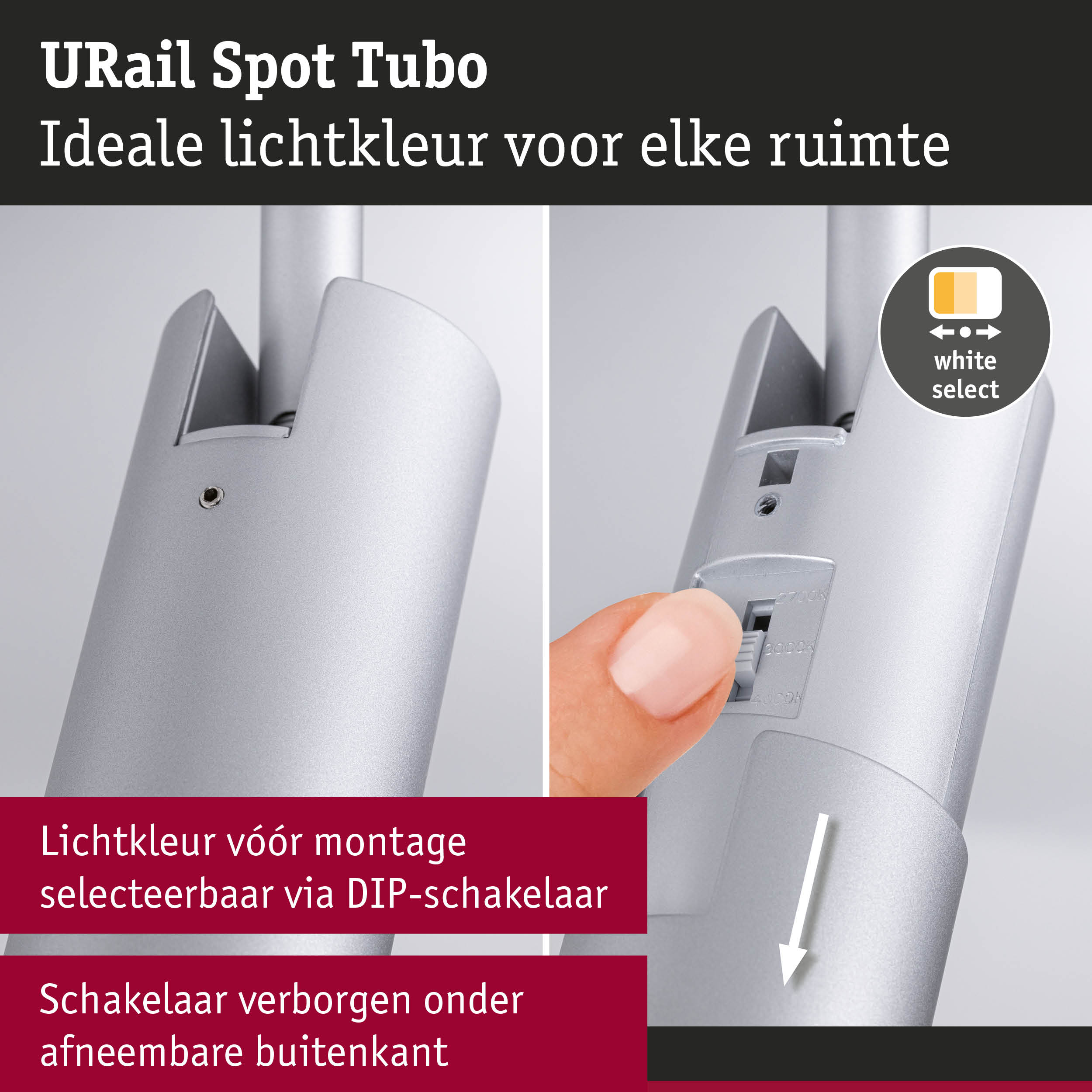 Zilveren URail Spot Tubo spot met instelbare lichtkleur en DIP-schakelaar voor flexibele verlichting