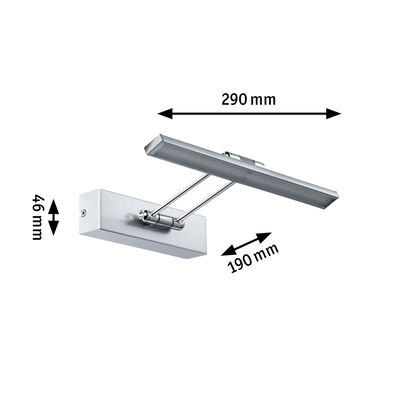 Silver LED wall light with adjustable arm measuring 290x190x46 mm for modern indoor lighting