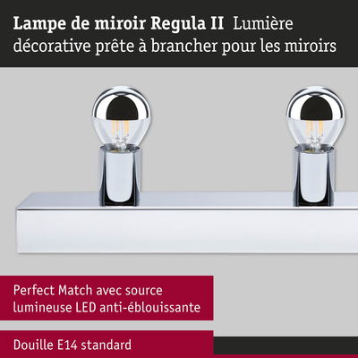 Lampe de miroir Regula II en métal chromé avec deux ampoules LED et douille E14 standard