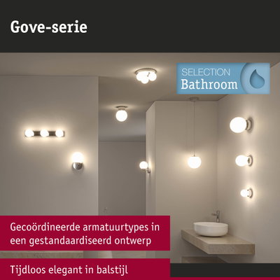 Moderne badkamerverlichting met witte bolvormige lampen aan wand en plafond in elegant ontwerp