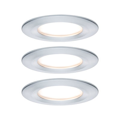 Three round LED recessed lights in brushed silver aluminum for modern interior lighting solutions