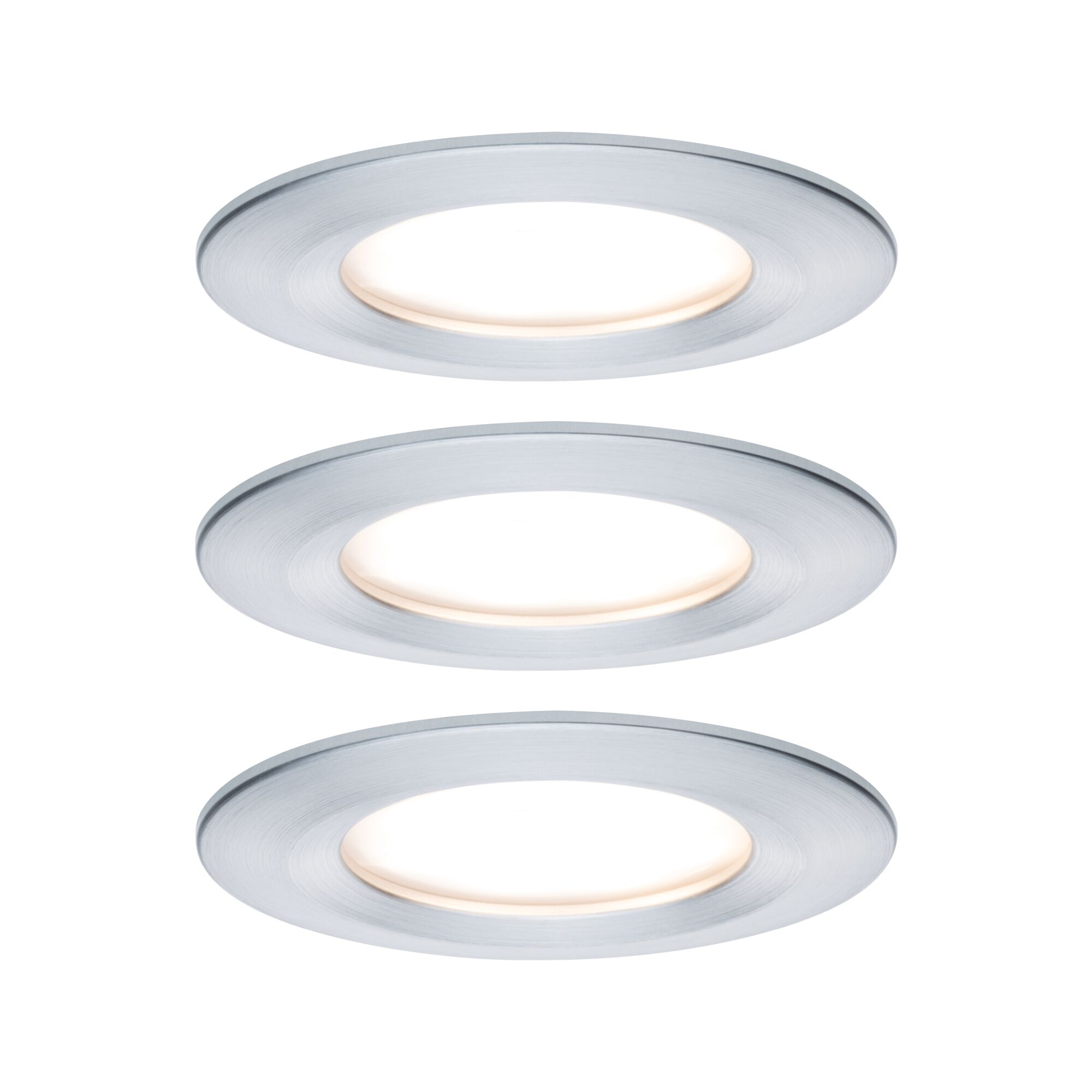 Three round LED recessed lights in brushed silver aluminum for modern interior lighting solutions