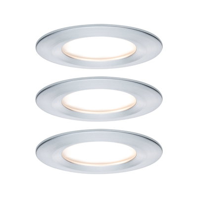 Three round LED recessed lights in brushed silver aluminum for modern interior lighting solutions