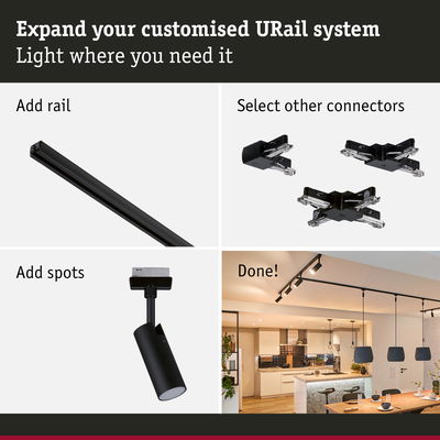 Black URail rail system with connectors and spotlights for customizable LED lighting in living spaces