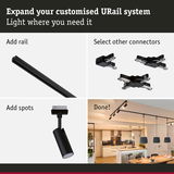 Black URail rail system with connectors and spotlights for customizable LED lighting in living spaces