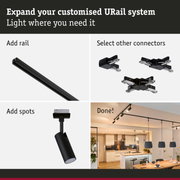 Black URail track system with spots and connectors for flexible LED lighting in living spaces
