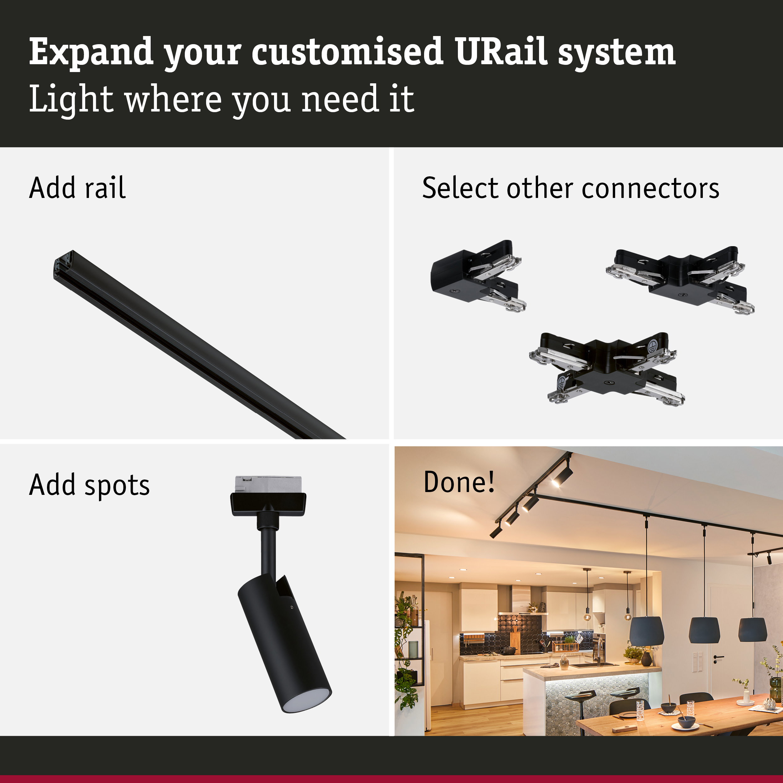 Black URail track system with spots and connectors for flexible LED lighting in living spaces
