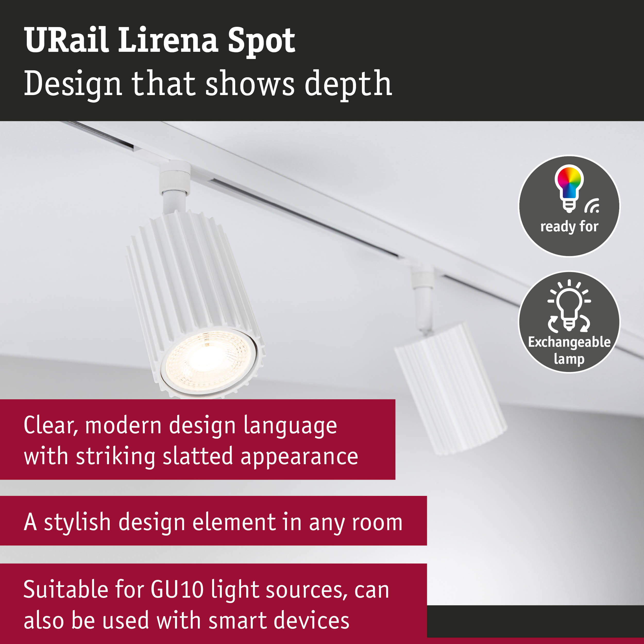 White URail Lirena aluminium spot light with modern slatted design and smart lighting features