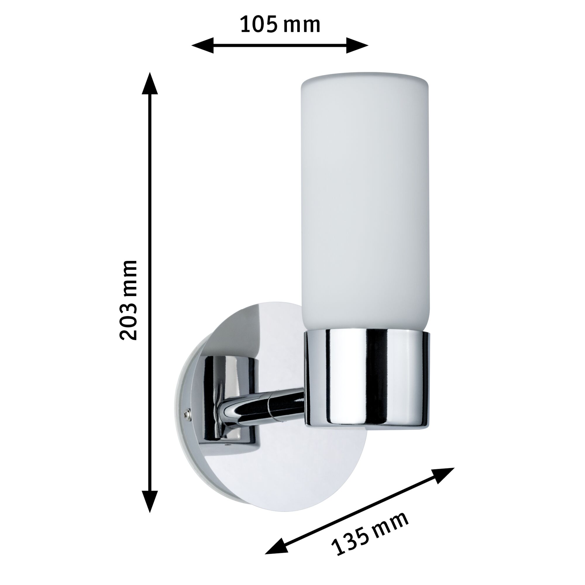 Modern chrome wall light with white glass measuring 203x135x105 mm for indoor lighting