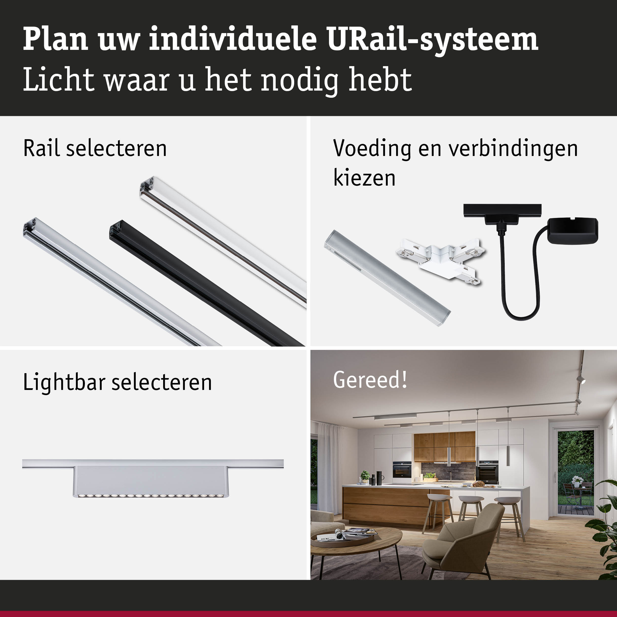 Modulair URail-systeem met rails, verbindingen en lichtbalken voor flexibele verlichtingsoplossingen