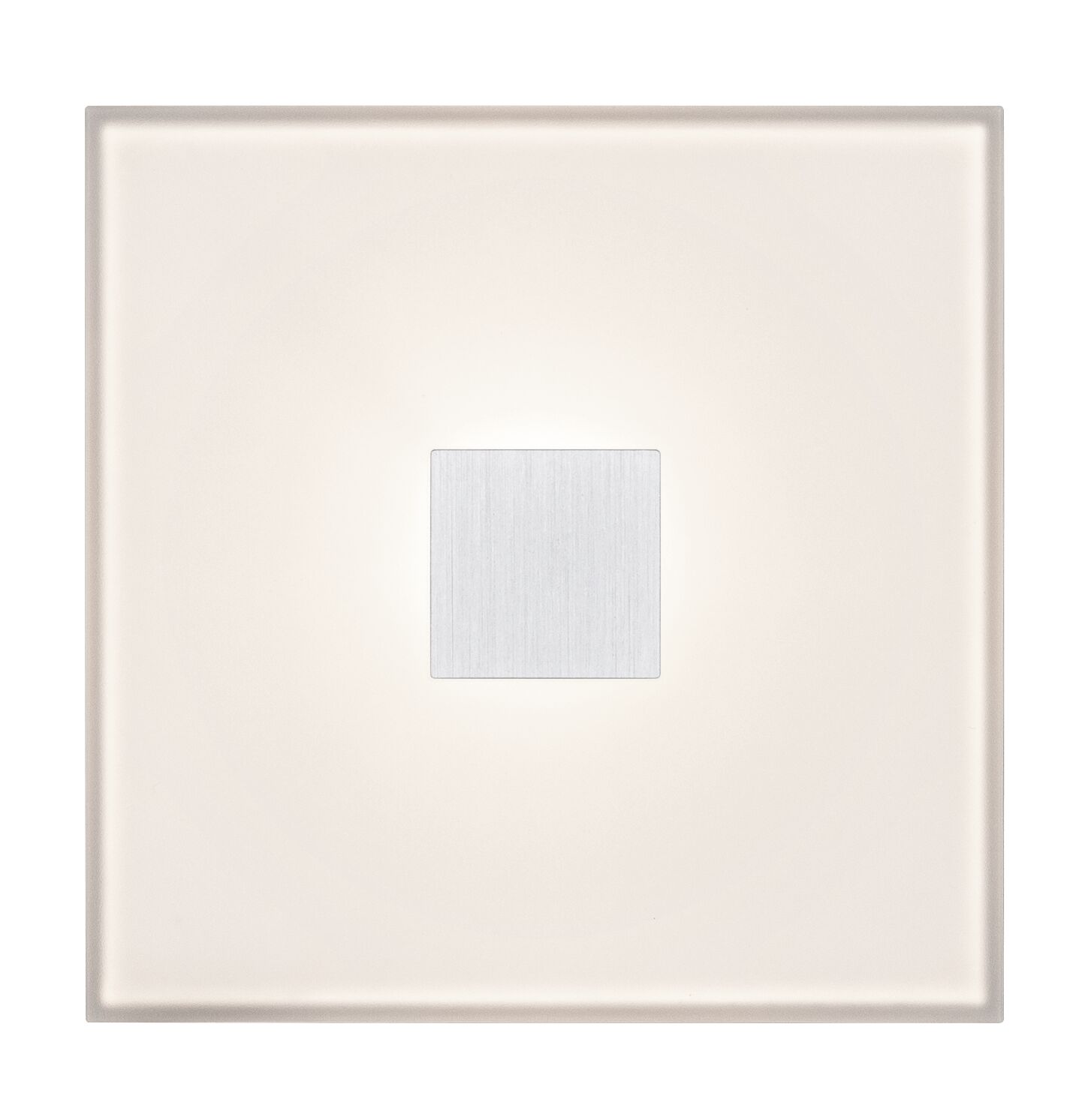 Square LED wall light made of white glass with aluminum center for modern lighting design