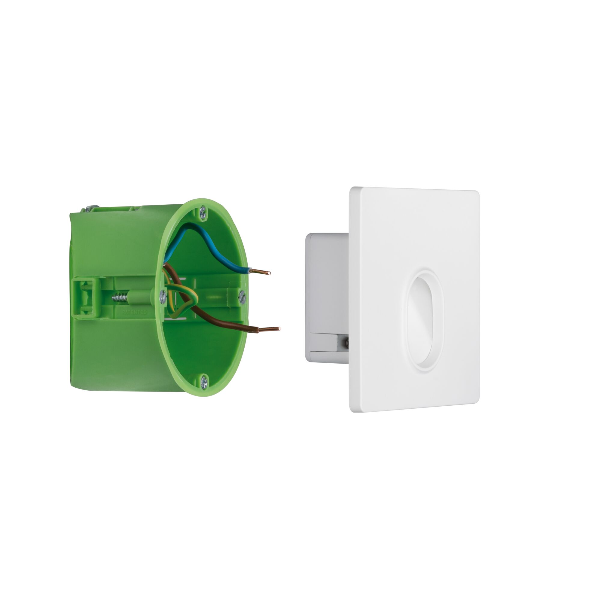 White square LED wall recessed light with green plastic mounting box and wiring cables